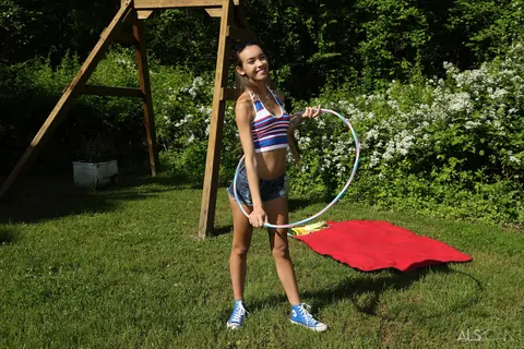 Charity Crawford: Tall Brunette in Glasses Strips and Spreads Outdoors – photo 3 of 16