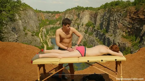 Two Men Kiss and Fuck Bareback on an Outdoor Massage Table – photo 2 of 21