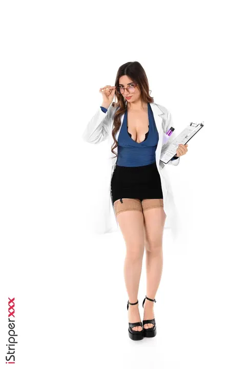 Elle Mira: Tall Brunette Strips Off Lab Coat and Fucks a Dildo in Stockings – photo 1 of 15