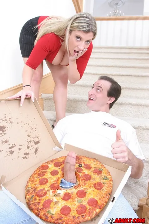 Sara Jay: Blonde MILF Strips Off Her Skirt for Pizza Lads in a Threesome – photo 3 of 16