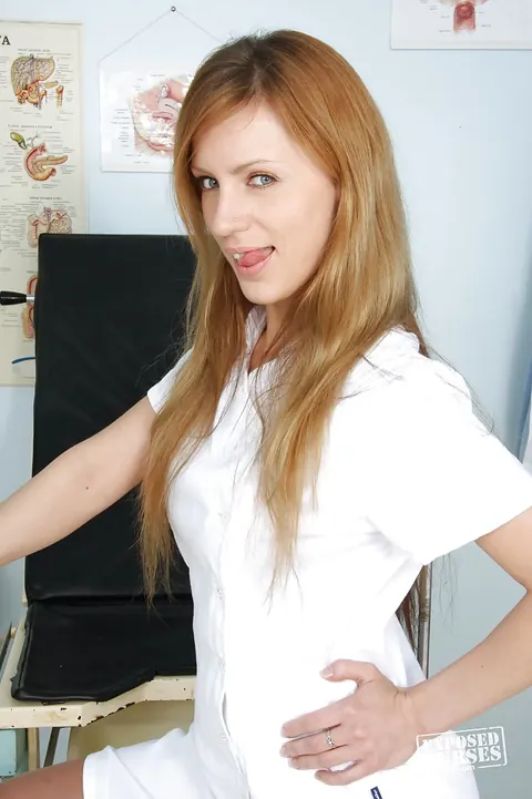 Olga Barz: Brunette MILF in Stockings and Uniform Fingers and Uses a Dildo – photo 1 of 16