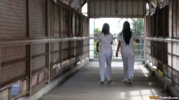 Two Asian Nurses Give Blowjobs and Fuck Outdoors in a Threesome