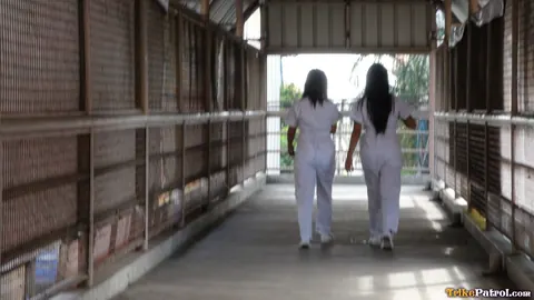 Two Asian Nurses Give Blowjobs and Fuck Outdoors in a Threesome – photo 1 of 19