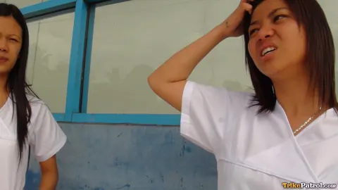 Two Asian Nurses Give Blowjobs and Fuck Outdoors in a Threesome – photo 4 of 19