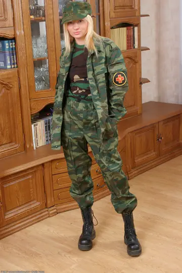 Pale Petite Woman Strips Out of Her Uniform and Socks