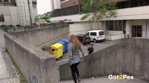 Blonde Spreads Her Shaved Pussy in Public – photo 12 of 15