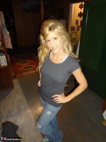Petite Blonde MILF Strips Out of Her Skirt and Jeans on the Sofa