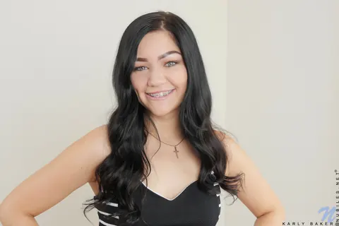 Karly Baker: Brunette in Shorts Strips to Masturbate with a Vibrator – photo 2 of 16