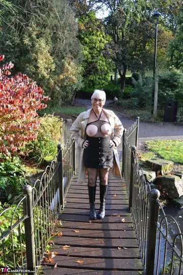 Mature Curvy Blonde in Pantyhose Spreads Her Pussy in Public