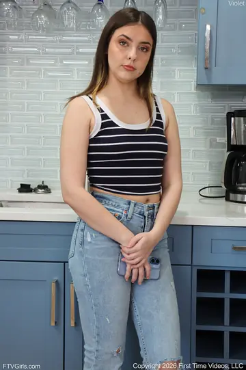 Brunette with Big Tits Strips Out of Her Crop Top and Jeans