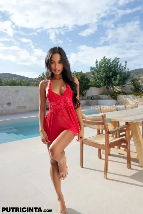 Putri Cinta: Petite Asian Brunette in Red Lingerie and Skirt Strips Nude – photo 6 of 21