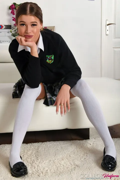 Olivia Sparkle: Brunette in Uniform and Socks Strips Out of Her Skirt – photo 13 of 21
