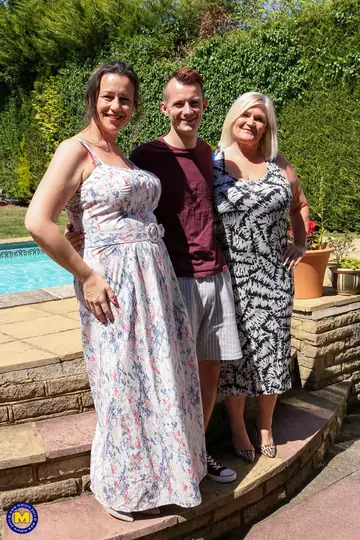 Curvy Mature Women Share a Cock by the Pool