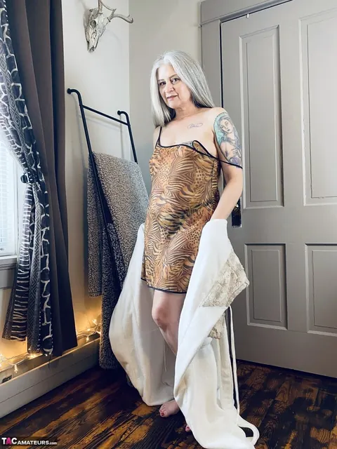 Mature Curvy Blonde Poses in a Thong and Robe – photo 3 of 16