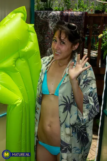Slim Hairy MILF Fingers and Toys Her Pussy by the Pool