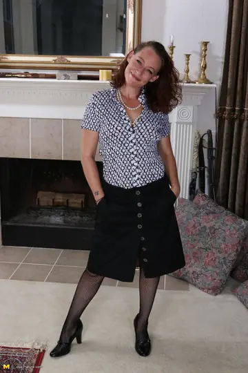 Curvy Mature Redhead Fingers and Uses a Dildo in Stockings