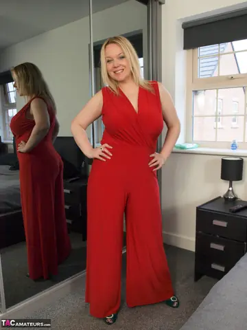 Curvy Blonde MILF Strips Out of Her Red Dress