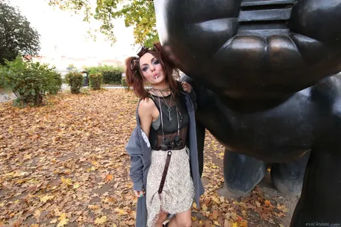 Dominica Fox: Busty Brunette in Glasses Flashes Her Pussy Outdoors – photo 11 of 21