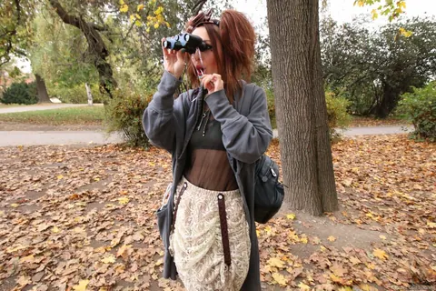 Dominica Fox: Busty Brunette in Glasses Flashes Her Pussy Outdoors – photo 3 of 21