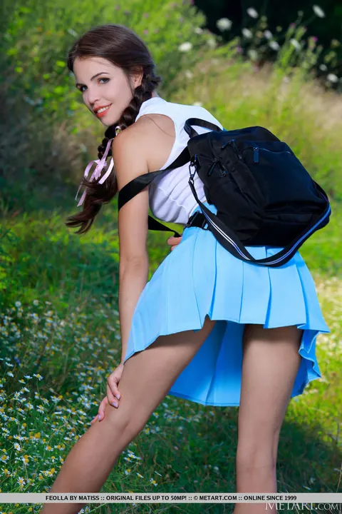 Brunette in Pigtails Strips Out of Her Uniform Outdoors – photo 2 of 18