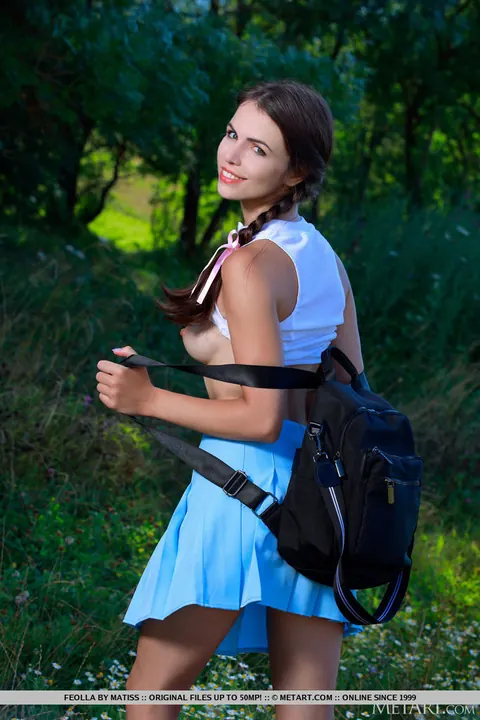 Brunette in Pigtails Strips Out of Her Uniform Outdoors – photo 5 of 18
