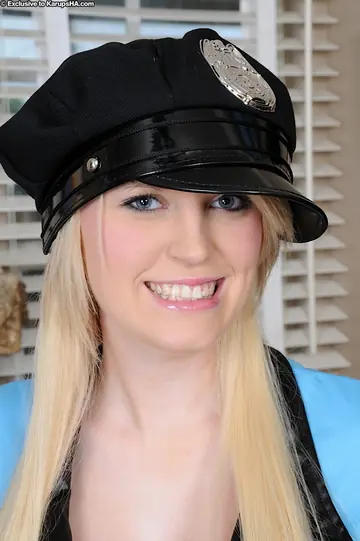 Blonde Amateur in a Police Uniform Pulls Skirt Aside