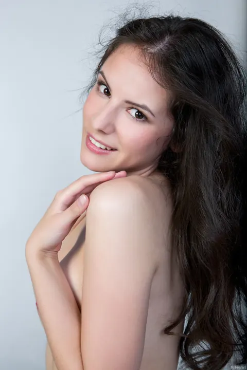 Petite Pale Brunette with Curly Hair Spreads Her Shaved Pussy – photo 21 of 21