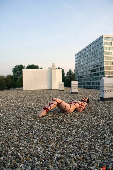 PAWG Brunette Bound with Red Rope on a Rooftop – photo 11 of 16