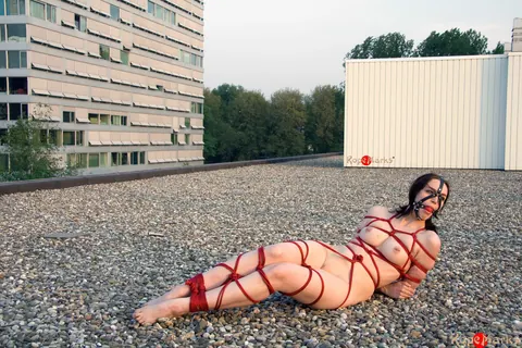 PAWG Brunette Bound with Red Rope on a Rooftop – photo 10 of 16