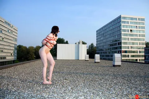 PAWG Brunette Bound with Red Rope on a Rooftop – photo 5 of 16