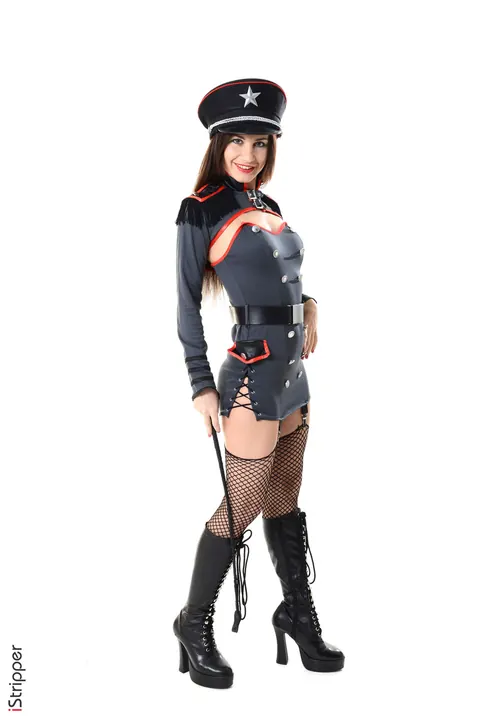 Lana Rey: Thick European Brunette Strips Off Her Uniform and Shows Fishnet Stockings – photo 1 of 15