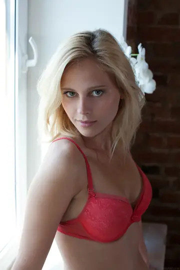 Blonde Undresses from Lingerie and Spreads Her Shaved Pussy