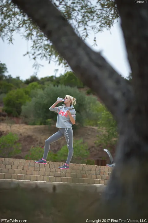 Skinny Blonde in Yoga Pants Shows Her Small Tits Outdoors – photo 4 of 20
