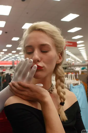 Blonde Lifts Her Skirt and Spreads in Department Store