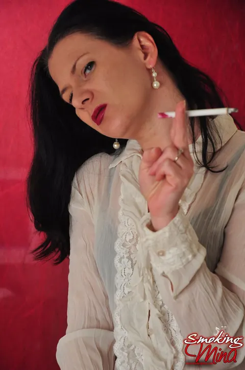 Brunette MILF Smokes in a Sheer Blouse – photo 10 of 15