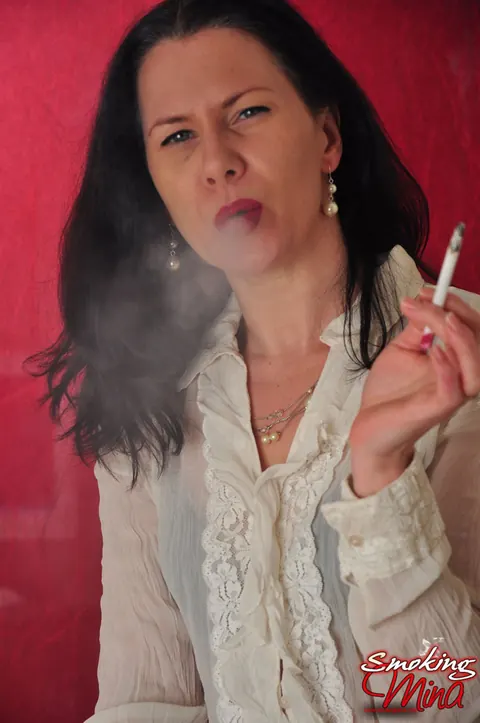 Brunette MILF Smokes in a Sheer Blouse – photo 12 of 15