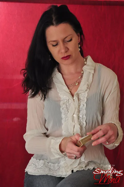 Brunette MILF Smokes in a Sheer Blouse – photo 1 of 15