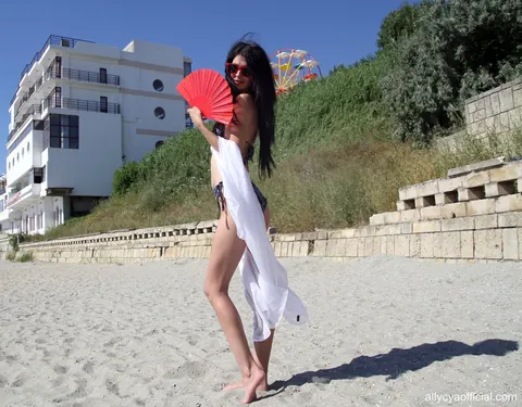 Allycya Silk: Brunette in a Bikini and Glasses Poses on the Beach – photo 9 of 15