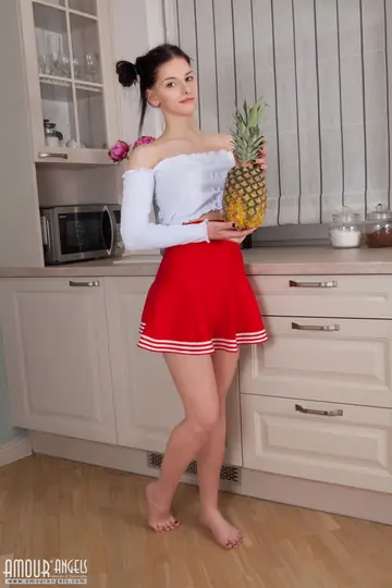 Pale Brunette in Pigtails Spreads Her Shaved Pussy