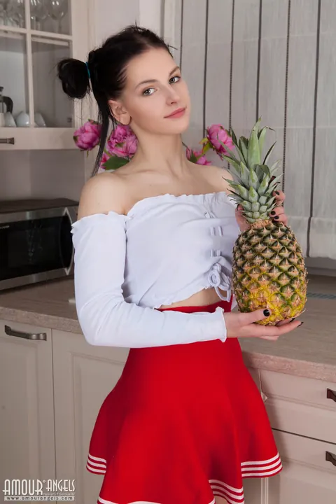 Pale Brunette in Pigtails Spreads Her Shaved Pussy – photo 2 of 20
