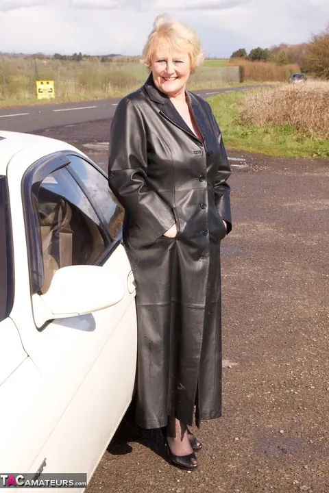Claire Knight: Blonde Shows Her Big Tits in Lingerie and Leather Coat Outdoors – photo 13 of 20