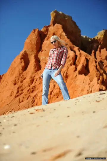 Tall Czech Blonde with Big Natural Tits Spreads on the Beach