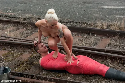 Lorelei Lee: Blonde MILF Dominates Bound Man with a Dildo on Train Tracks – photo 6 of 17