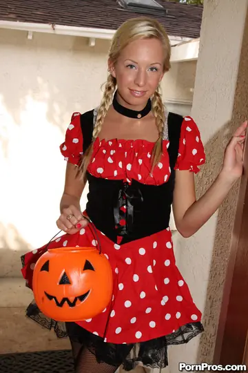 Skinny Blonde Strips Out of Her Costume and Spreads Her Legs