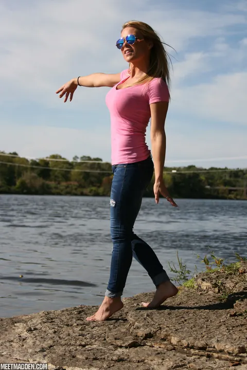 Meet Madden: Slim Blonde MILF in Jeans and Glasses Reveals Lace Underwear Outdoors – photo 2 of 15