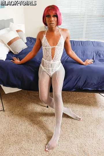 Ebony Trans Woman in Ripped Fishnets Strokes Her Cock to Cumshot