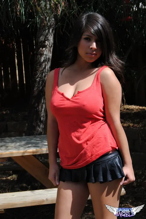Layla Rose: Busty Brunette Latina Flashes Her Tits Outdoors in a Skirt – photo 2 of 12