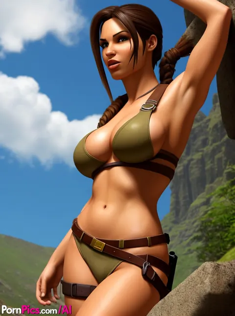 AI-Generated Busty Brunette Spreads Her Pussy in a Bikini Outdoors – photo 7 of 10