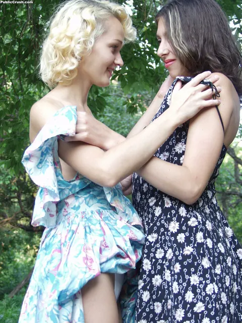 Lesbians in Skirts Lick and Finger Hairy Pussies Outdoors – photo 15 of 16