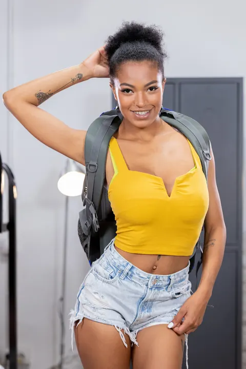 Tina Fire: Curly Ebony Babe with Big Natural Tits Mounts a Huge Black Cock – photo 3 of 20